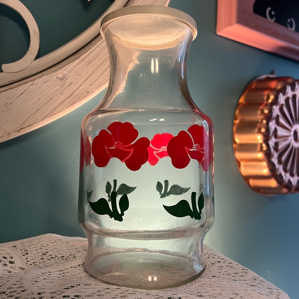 Vintage Anchor Hocking Red Poppy Juice Carafe – 8.5" 48oz Retro 1970s